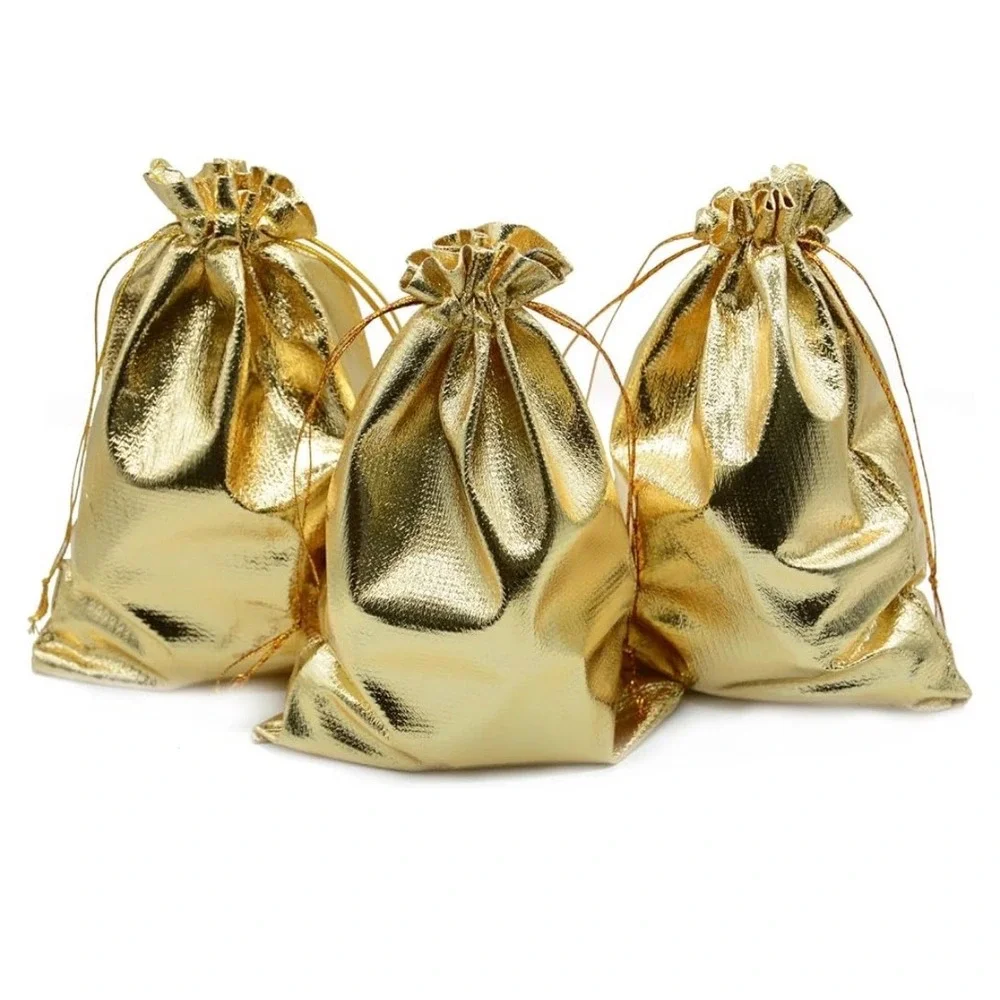 12 Pack Gold Metallic Drawstring Gift Bags 5x7 Jewelry Favor Pouches Shimmer